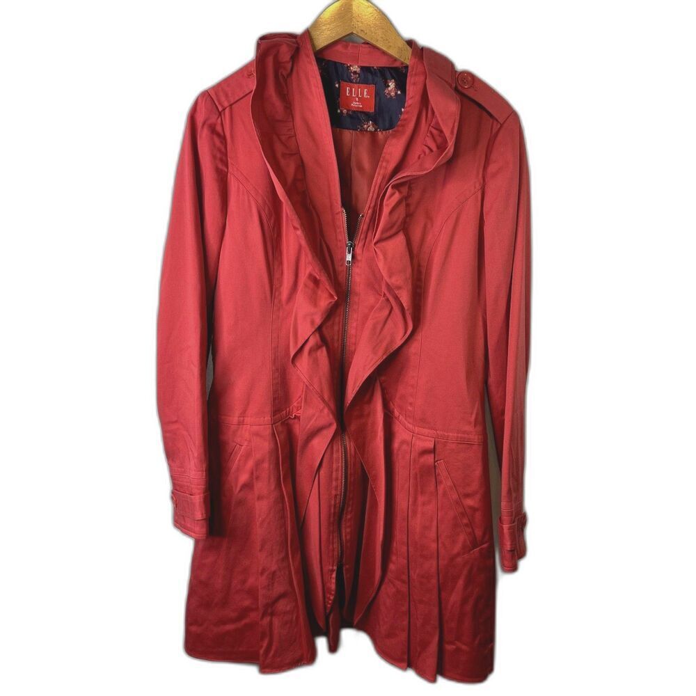 Elle‎ Ruffled Neckline Red Trench Coat Jacket Red Chic Size Small